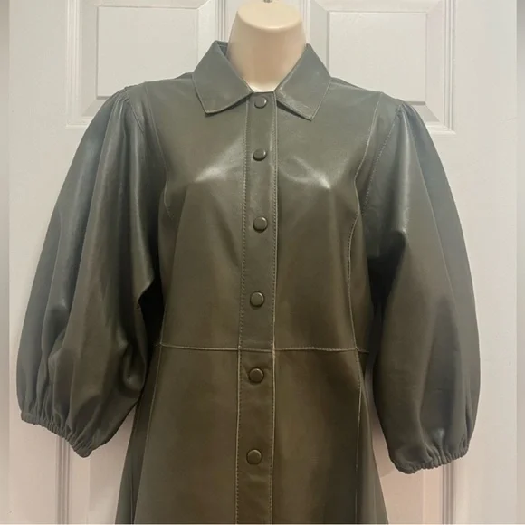 GANNI Leather Olive Green Meranti Puffed
Sleeve Dress Goddess - Size 38 EU/ 8 US - Picture 5 of 14
